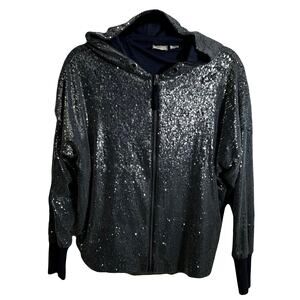 Anthropologie Postmark Navy Blue Sequin Full Zip Hoodie Sweatshirt XS Bling